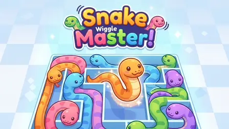 Snake Wiggle Master!.webp game banner showing colorful cartoon snakes entangled in a blue grid maze.