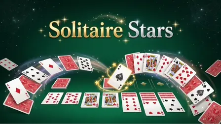 Solitaire Stars game banner showing playing cards arching across a glowing green background with the title text at the top.