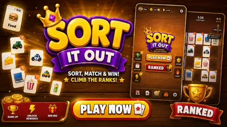 Sort It Out Category Sort game banner showing emoji cards and a wooden menu interface with play buttons.