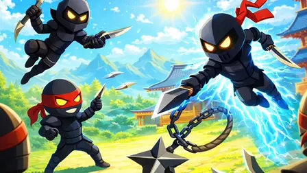 Stick Master Teleport.webp game banner showing an action-packed scene of cartoon chibi ninjas in black outfits. On the right side, the main ninja character with glowing yellow eyes and a flying red scarf lunges forward while trailing bright blue electricity teleportation effects and holding a sharp kunai knife. In the foreground, a metallic spiked chain weapon swings across the screen. On the left, another ninja with a red mask stands in a combat stance, while a third ninja leaps from the top left corner against a background of green mountains, traditional Japanese pagodas, and a bright sunny sky.