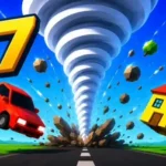 Tornado-67 game banner featuring a massive, stylized white low-poly tornado ripping down a two-lane asphalt road. A bright red cartoon car and a small yellow house with a red roof are being sucked into the swirling air. Green low-poly trees and brown rocky boulders spin around the funnel cloud against a vibrant blue sky. A large, bold yellow number "67" with a thick black outline sits in the upper left corner.