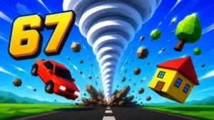 Tornado-67 game banner featuring a massive, stylized white low-poly tornado ripping down a two-lane asphalt road. A bright red cartoon car and a small yellow house with a red roof are being sucked into the swirling air. Green low-poly trees and brown rocky boulders spin around the funnel cloud against a vibrant blue sky. A large, bold yellow number "67" with a thick black outline sits in the upper left corner.
