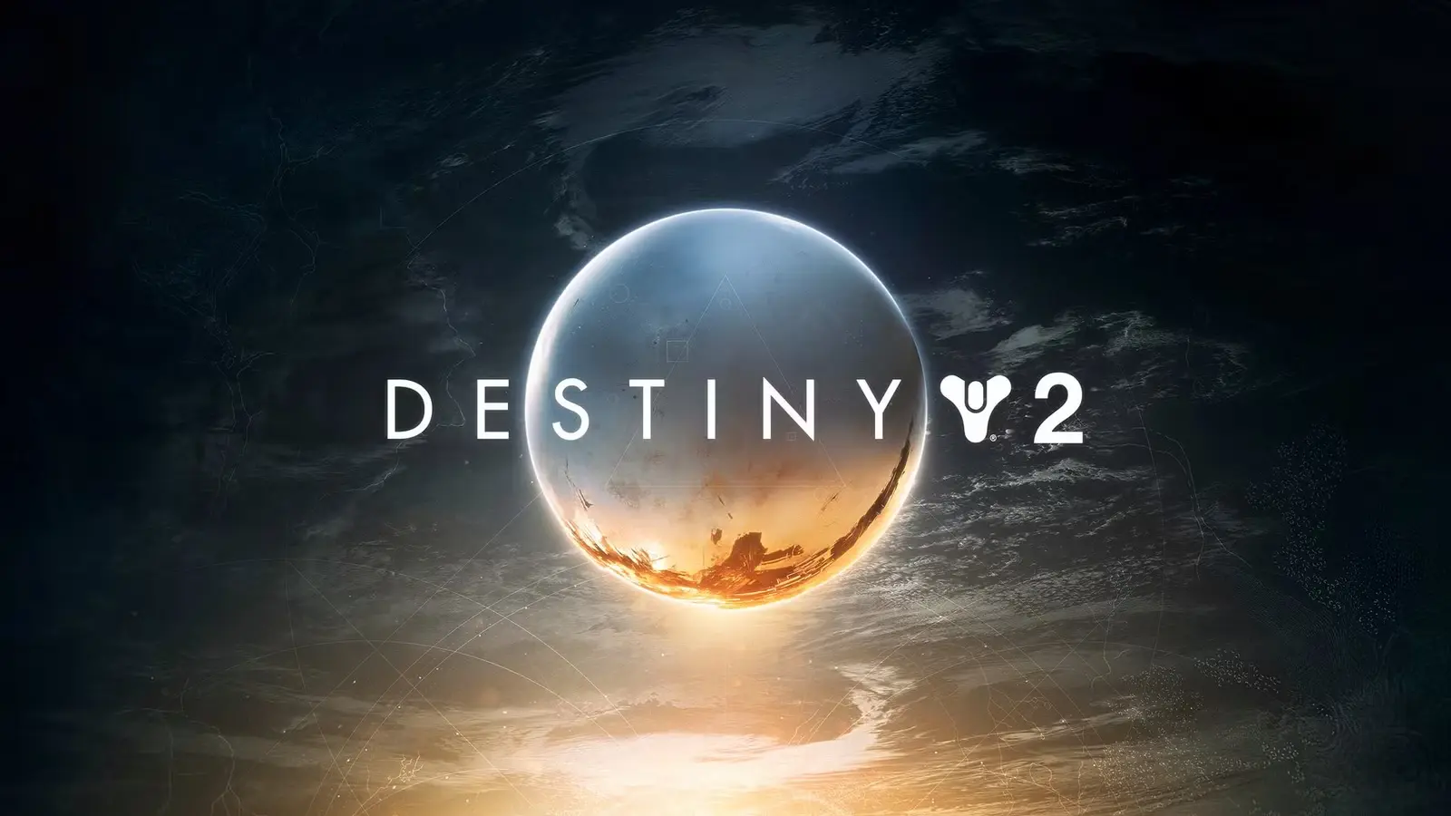 Liels, mirdzošs balts sfērisks objekts kosmosa un mākoņu fonā ar uzrakstu Destiny 2 centrā.