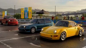 arkans pikaps, tumši zils VW Golf un dzeltens Porsche 911 stāv auto tikšanās vietā Japānā zem Horizon Decades karogiem