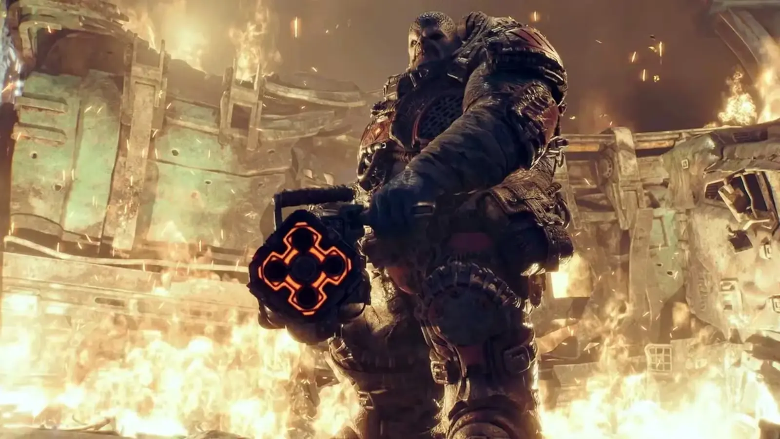 Milzīgs, bruņots briesmonis ar ieroci liesmu un gružu fonā no spēles Gears of War.