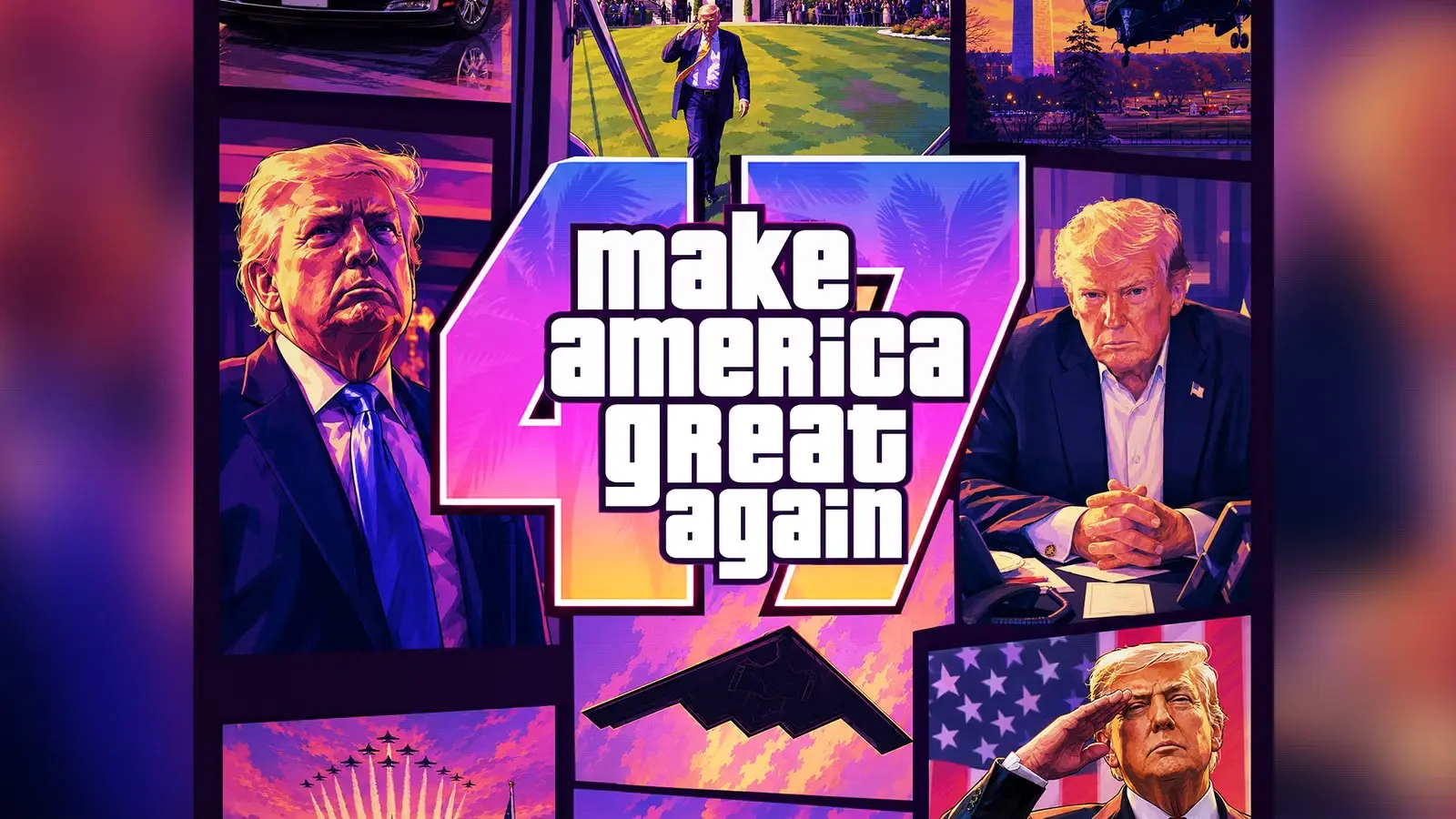 Plakāts ar vairākiem zīmētiem paneļiem ap rozā tekstu Make America Great Again GTA stilā ar Donaldu Trampu.
