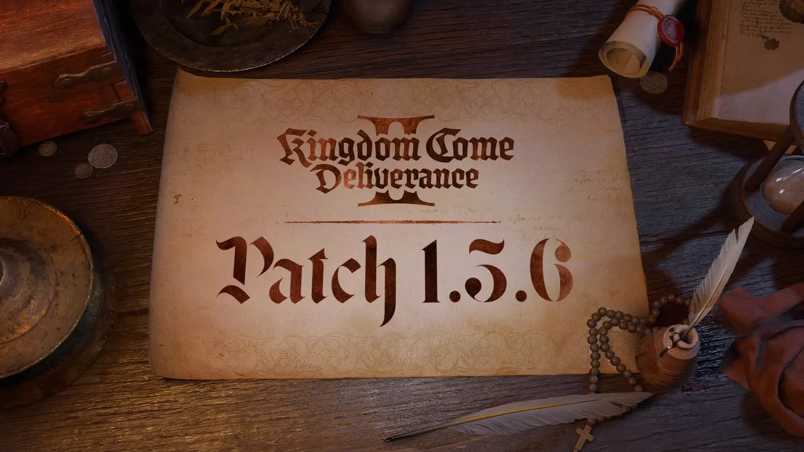 Uz koka galda guļ sena papīra loksne ar uzrakstu Kingdom Come Deliverance II Patch 1.5.6, blakus redzama spalva un krelles.