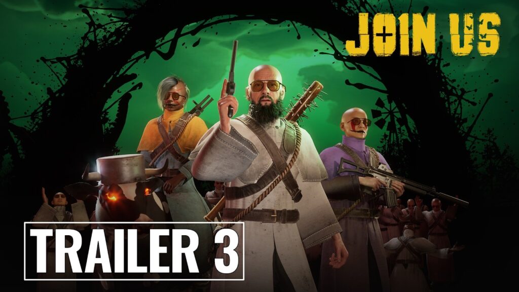 Spēles Join Us treileris ekrānuzņēmums no faila maxresdefault_7.jpg, kurā redzami sektas līderi uz zaļa fona ar uzrakstu Join Us un Trailer 3.