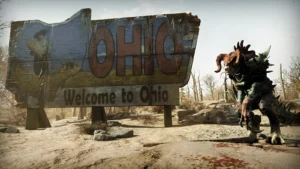 Milzīga vecuma un rūsas klāta ceļa zīme ar uzrakstu Welcome to Ohio, kurai blakus stāv liels, dzeloņains dēmonisks briesmonis ar ragiem.