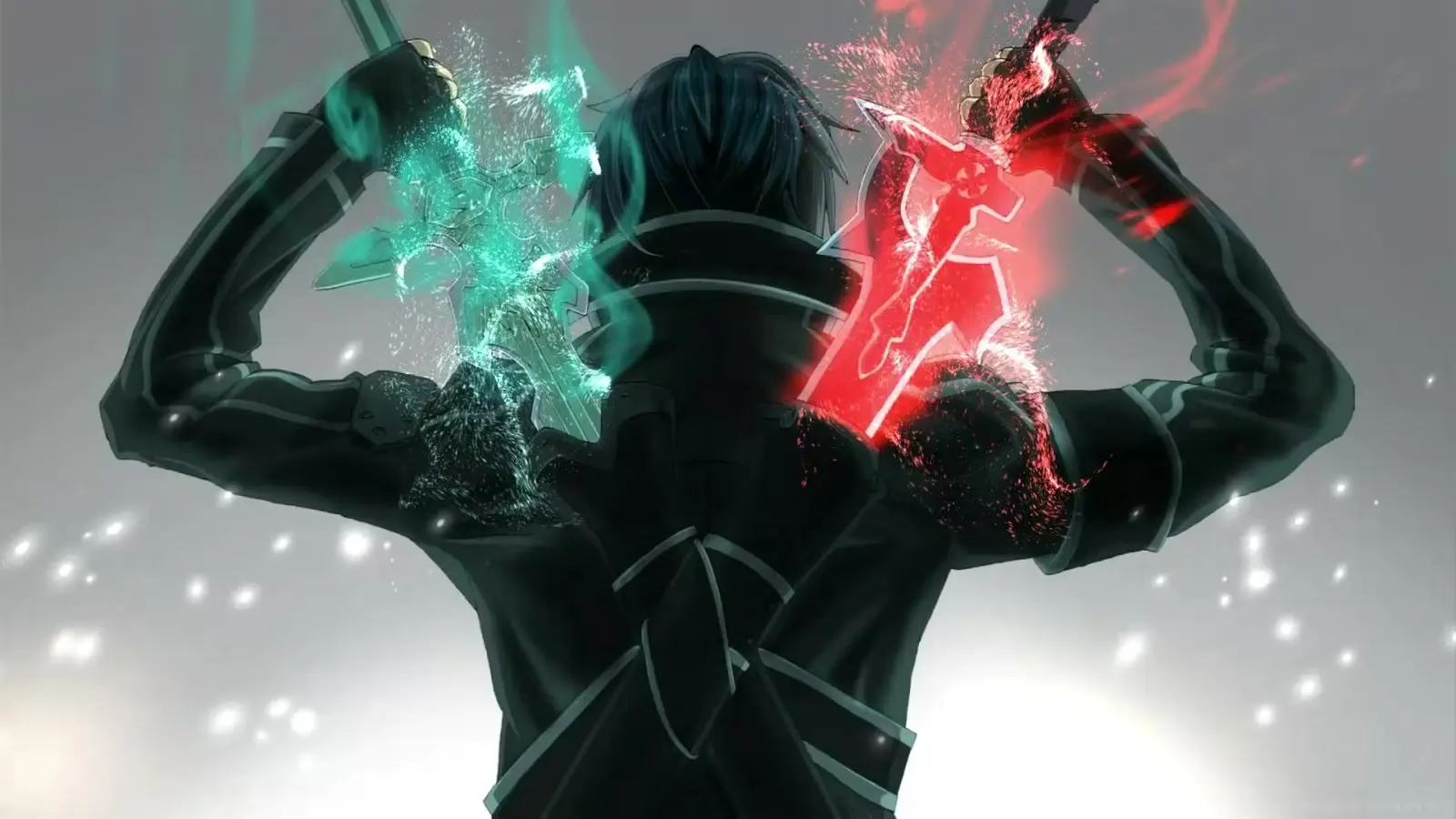 Anime tēls Kirito no mugurpuses velk ārā divus zobenus, no kuriem viens mirdz zaļā, bet otrs sarkanā krāsā uz gaiša fona.