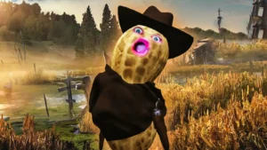 Zemesrieksts ar cilvēka sejas pantiem un kovboju cepuri strīmera TheBurntPeanut reklāmas attēlā