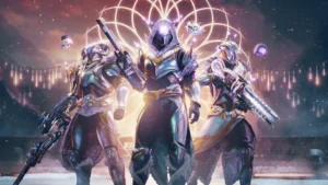 Ziemas noskaņās: Destiny 2 tēli gatavojas cīņai svētku pasākuma "The Dawning" laikā.