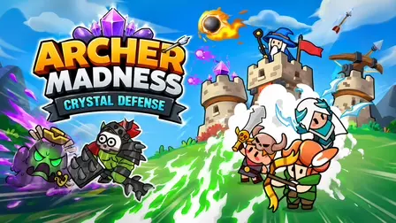 Archer Madness Crystal Defense.webp game banner showing cartoon heroes including a wizard, knight, and archer defending a castle wall against incoming monsters.