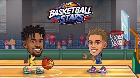 Basketball Stars game banner featuring two big-headed cartoon basketball players standing on an indoor basketball court facing a hoop on the right. The player on the left has short dreadlocks, wears a yellow basketball jersey, and dribbles a red-and-yellow basketball. The player on the right has curly hair and wears a blue jersey. Above them, the bold logo reads "BASKETBALL STARS" with a basketball design integrated into the text.