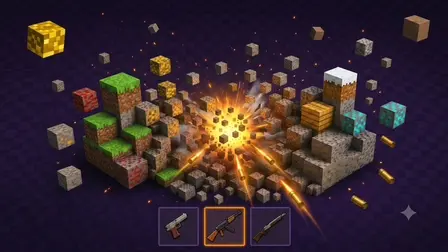 Block Shooter: Shoot the Blocks! game banner featuring a massive explosion shattering a floating cluster of Minecraft-style voxel blocks in shades of green, grey, and gold. Golden bullet shells fly through the dark purple background, and three weapon inventory slots are visible at the bottom showing pistols and rifles. At the top left, gold text reads "Block Shooter: Shoot the Blocks!".