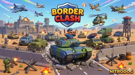 Border Clash game banner showing a cartoon military battle breaking through a desert border checkpoint with cracked asphalt, Czech hedgehog obstacles, and flaming barrels. In the center, a energetic military commander wearing a blue officer hat rides atop a green and blue camouflage tank while shouting into a megaphone. Surrounding the tank are infantry soldiers with rifles, armored vehicles, rocket launcher trucks, an attack helicopter firing missiles, and jet fighters flying overhead leaving colorful vapor trails beneath a shield logo reading "BORDER CLASH".