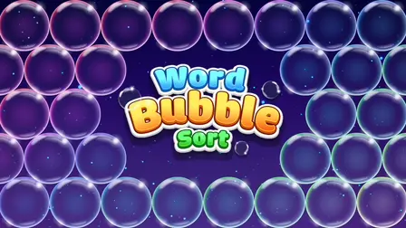 Bubble Word Jam.webp game banner showing the text "Word Bubble Sort" written in vibrant blue, yellow, and green 3D cartoon lettering, framed by rows of clear, shiny translucent bubbles against a dark purple cosmic background.