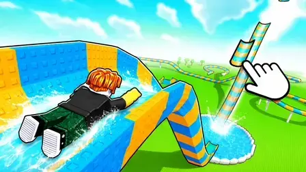 Build an Aquapark (1).webp game banner displaying a Roblox-style character with orange hair sliding down a curving blue and yellow blocky water slide, with a large cartoon hand cursor pointing to a tall vertical slide section under a bright sky.