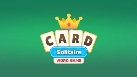 Card Solitaire Word Game.webp title logo showing four playing cards spelling CARD under a golden crown on a solid green background.
