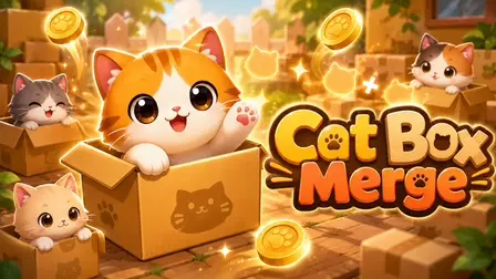 Cat Box Merge game banner featuring an adorable orange-and-white striped kitten sitting happily inside a cardboard box stamped with a cat silhouette in the center. Smaller cardboard boxes around it hold cute kittens, including a grey tabby on the left, a pale cream kitten on the bottom left, and a calico kitten on the top right. Golden coins stamped with paw prints float in the air with glowing yellow light sparkles, set against a warm backyard garden background with the bold yellow and orange title text "Cat Box Merge" on the right.