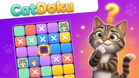 CatDoku game banner featuring a 5x5 colorful grid puzzle on the left side made of green, red, purple, blue, and yellow cells. Some squares display cartoon cat heads, others have white "X" marks, and one central purple square has a glowing yellow selection border. On the right side, a cute brown tabby cartoon cat stands looking thoughtful with its paw on its chin beneath a floating yellow question mark, set against a vibrant purple background decorated with soft cat paw patterns and the green-and-yellow title text "CatDoku