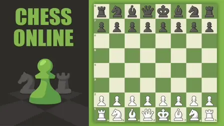 Chess Online Playing game banner featuring a clean green-and-white checkered chessboard set up with classic black and white pieces in starting position. On the left dark side panel, bright green title text reads "CHESS ONLINE" positioned above a vibrant green pawn piece with dark knight and rook silhouettes standing behind it.