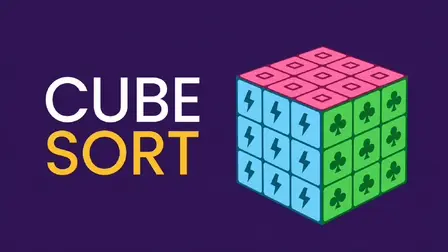 Cube Sort.webp game banner showing the text "CUBE SORT" in white and yellow next to a 3D isometric cube featuring pink squares on top, blue lightning bolts on the left side, and green clubs on the right side against a dark purple background.