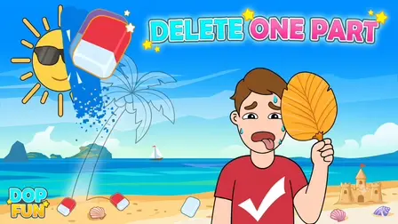 DOP Fun Delete One Part.webp game banner showing a hot beach scene where a sweating cartoon man in a red shirt sticks his tongue out while holding a leaf fan, next to a giant red and white eraser wiping away part of the sky to reveal a cartoon sun wearing cool black sunglasses under the text "DELETE ONE PART".