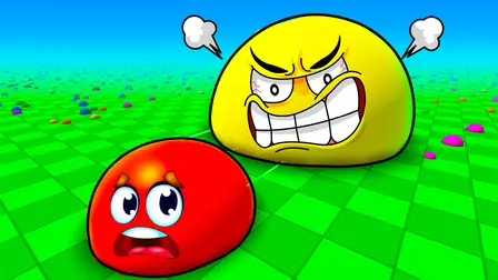 Eat Blobs Simulator game banner featuring a 3D cartoon scene on a vibrant green checkered grid field under a bright blue sky. In the foreground, a round red slime blob character with wide, terrified eyes and an open, gasping mouth flees toward the bottom left. Chasing closely behind is a giant, massive yellow blob character expressing extreme anger, featuring heavily furrowed eyebrows, grit-bared teeth, and two white cartoon puffs of steam blowing out from its head, with tiny colorful food bits scattered across the ground.