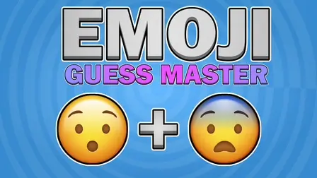 Emoji Guess Master.webp game banner showing the title text "EMOJI GUESS MASTER" in bold silver and purple, situated above a yellow surprised emoji face, a silver plus sign, and a shocked blue-and-yellow frozen emoji face against a radial blue background.