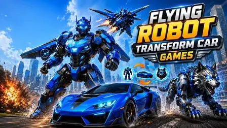 Flying Robot Transform Car Games.webp game banner displaying a giant blue futuristic robot transformer, a sleek blue sports car, a blue-eyed robotic wolf, and a fighter jet flying over a city skyline.
