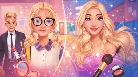 From Nerd to School Popular game banner showing a split-screen transformation of a blonde teenage girl inside a school hallway. On the left, she is styled as a nerd with big round black glasses, pigtails, facial blemishes, and a simple button-up shirt, with a handsome blonde guy in a suit smiling in the background. On the right, she is transformed with long flowing wavy blonde hair, bright blue eyes, a pink off-the-shoulder top, and glamorous makeup. Surrounding both sides are cosmetics including lipstick, makeup brushes, eyeshadow, and mascara under a glowing sparkled divider line.