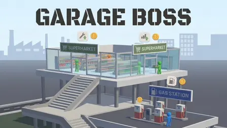 Garage Boss.webp game banner showing a minimalist 3D low-poly model of a two-story business property featuring an outdoor gas station with fuel pumps on the lower deck managed by a blue stickman, and a glass-walled supermarket on the upper deck with green stickmen characters, beneath a bold stencil title reading "GARAGE BOSS".