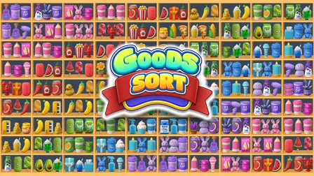 Goods Sort 3D - Triple Puzzle.webp game banner displaying a massive grid of wooden shelves tightly packed with diverse colorful 3D items like soda cans, plush bunnies, fruits, and cups, behind a central yellow and green 'Goods Sort' logo on a red ribbon.