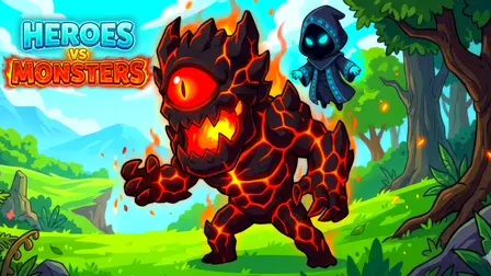 Heroes vs Monsters: Idle RPG game banner showing a large, fiery one-eyed lava golem monster with glowing orange magma cracks standing menacingly on a green grass field. Floating behind the golem on the right is a mysterious dark mage wearing a blue hooded robe with glowing cyan eyes. The background features green trees, rolling hills, and a blue sky with fluffy clouds, accompanied by the vibrant logo in the top left reading "HEROES VS MONSTERS".