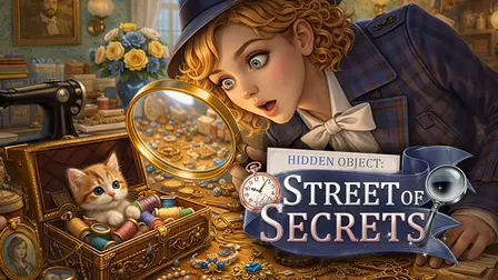 Hidden Object Street Of Secrets.webp game banner showing a wide-eyed blonde woman detective wearing a dark blue hat and matching plaid coat, looking through a giant gold magnifying glass at a cute little orange kitten resting inside a wooden chest filled with colorful sewing spools.
