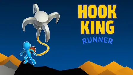 Hook King Runner game banner featuring a 3D blue stickman character with a brown backpack jumping off a dark jagged cliff. The character is tethered by a curved yellow rope to a massive, floating three-pronged silver metallic grappling hook. The scene is set against a dark blue gradient background with minimalist yellow desert sand dunes at the bottom right, next to the bold title text "HOOK KING RUNNER" in yellow and blue.