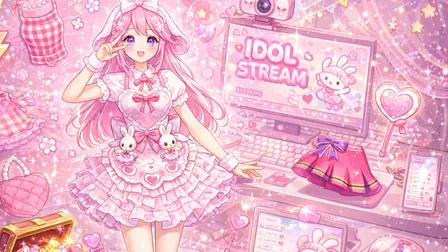 cute anime girl with long bright pink hair and purple eyes, wearing a frilly pink dress adorned with small bunny plushies, posing in front of a pink computer setup showing "IDOL STREAM" on the monitor screen, surrounded by sparkly pink ruffles, accessories, and a skirt.
