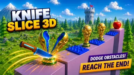 Knife Slice 3D.webp game banner showing a knife slicing a golden trophy in half on a purple platform next to blue spike traps, with a low-poly forest and castle tower in the background.