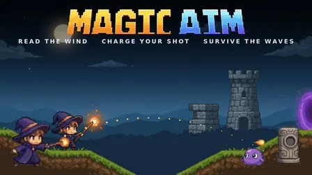 Magic Aim.webp game banner showing pixel art chibi magicians charging their wands to shoot projectiles toward a purple monster in a night landscape.