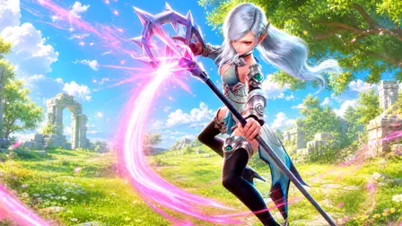 anime-style elf wizard with long silver hair and red eyes, wearing blue and silver light armor, wielding a staff that unleashes a swirling bright pink magical energy trail across a sunny green field with ancient stone ruins in the background.