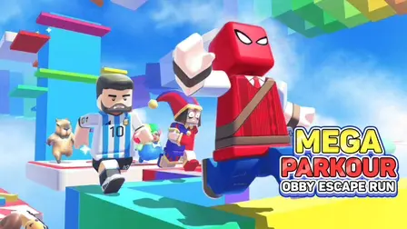 Mega Parkour Obby Escape Run.webp game banner displaying blocky Roblox-style cartoon characters, including a red superhero and a blue-and-white striped soccer player, running fast across a colorful floating obby obstacle course.