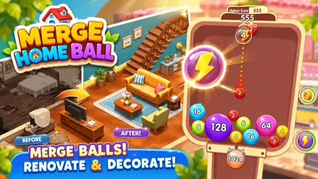 Merge Home Ball 2048.webp game banner comparing a dusty bedroom before renovation to a clean modern living room next to a 2048 ball merging board.