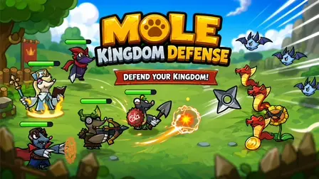 Mole Kingdom Defense.webp game banner showing cartoon mole heroes, including a mage, an archer, and a warrior with a shovel shield, defending a green field from purple bats and red snakes.