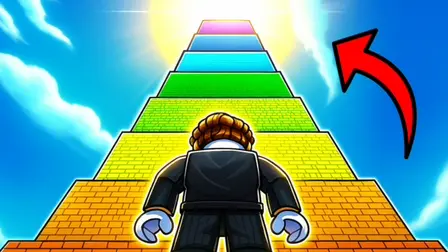 Obby +1 Jump per Click game banner showing the back view of a blocky, Roblox-style Lego character wearing a black suit and brown hair. The character stands at the base of a massive, towering staircase made of colorful horizontal block steps including orange, yellow, green, cyan, blue, and pink. The staircase reaches up toward a brilliant, blinding white sun in a bright blue sky, with a large, curved red arrow pointing upward at the top right corner.