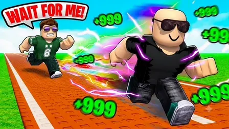 Run Star | Speed and Pets game banner showing two Roblox-style characters running on an orange brick track against a green grass field. In the foreground, a bald character in sunglasses and a black shirt sprints at super speed with rainbow trails and purple lightning surrounding him, flanked by floating green "+999" numbers. In the background, a character in a green shirt with glasses chases behind shouting "WAIT FOR ME!" in a white speech bubble.