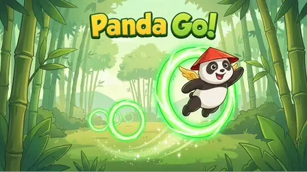 Panda Go!.webp game banner showing a happy cartoon panda wearing a red conical Asian hat and golden wings flying gracefully through a glowing neon green ring inside a sunny bamboo forest.