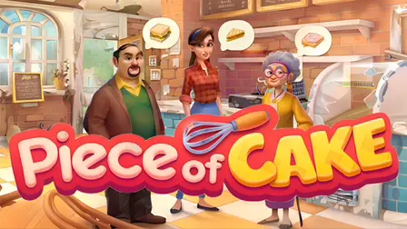 Piece of Cake Merge & Bake.webp game banner showing an orange-haired woman named Emily, a man in a green shirt, and a gray-haired grandmother standing inside a cozy kitchen under text bubbles with food items, behind the colorful 3D title "Piece of Cake" featuring a baking whisk.