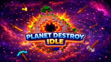 Planet Destroy Idle game banner showing a large 3D voxel-style planet with a blocky green tree on top, burning intensely with fire and glowing lava from a central hollow core. The planet floats in a cosmic outer space setting filled with a vibrant pink and purple nebula cloud backdrop, surrounded by floating Minecraft-style pixel tools including a diamond pickaxe, an iron battleaxe, a stone hammer, and gold swords, under the central blue-and-gold title text "PLANET DESTROY IDLE".