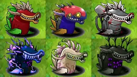 grid of six unique, mutated hybrid Chomper plants on a green grass background. The diverse crossbred plants include a red spiked Chomper, a mechanical blue and red Chomper with yellow glowing eyes, a metallic Chomper wearing a bucket on its head, a glowing dark purple electric Chomper, a pale tentacled Chomper, and a dark black Chomper featuring purple spots and barren tree branches.